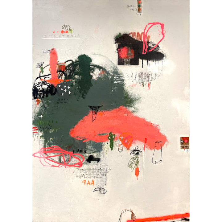 salmon pink and green splotches and marks of paint on white background and expressionism abstract doodles and sketches as well as found objects collaged on surface