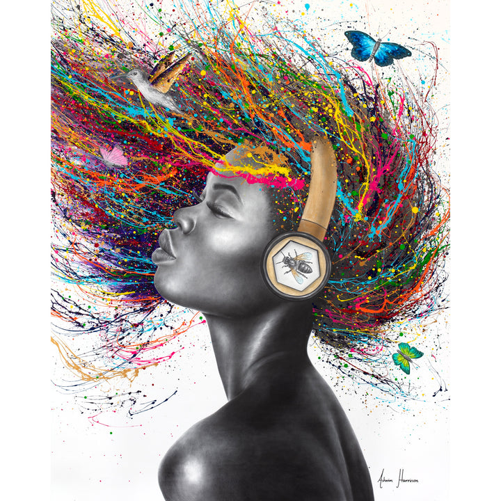 Beautiful woman wearing headphones painted in coconut charcoal, with bright rainbow colored paint splattered as hair, butterflies and hummingbird