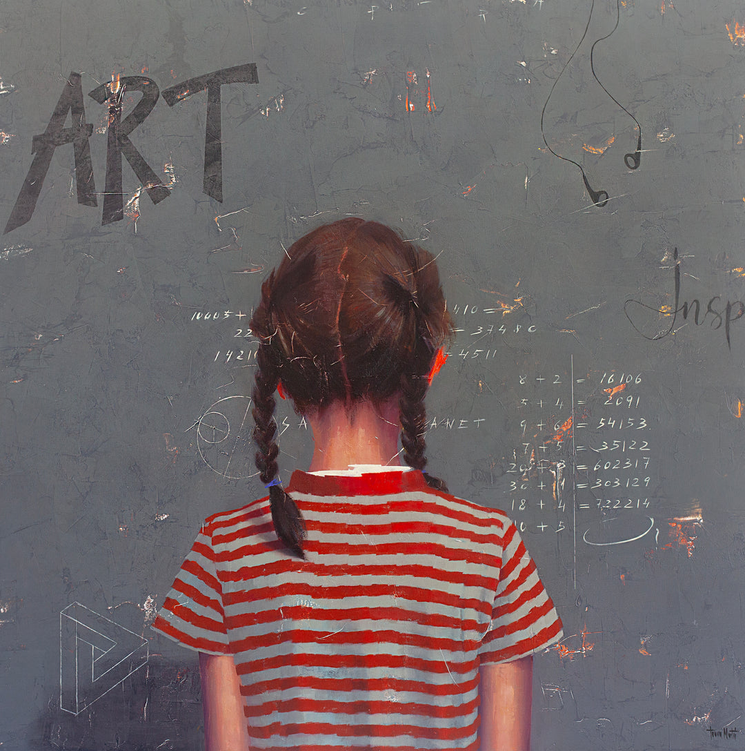Intelligence Test III oil and acrylic painting by Tomasa Martin of a girl with braids in a striped shirt doing math equations.
