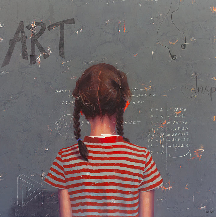 Intelligence Test III oil and acrylic painting by Tomasa Martin of a girl with braids in a striped shirt doing math equations.