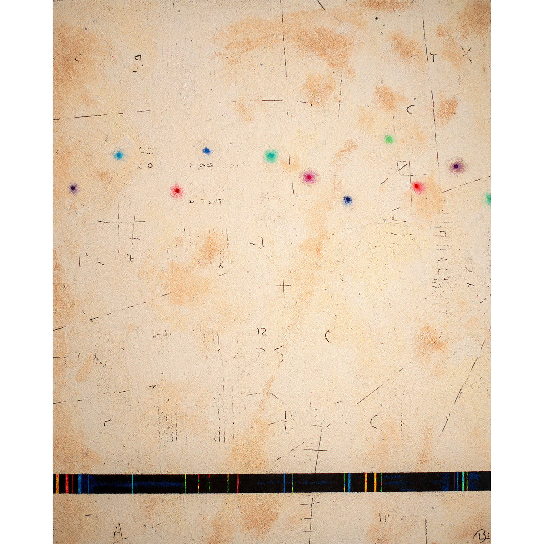 pigmented volcanic rock on canvas in beige tone with dots of color blue red purple green and static line across bottom abstract minimal textured painting
