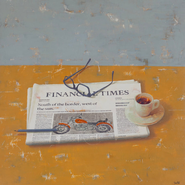 still life observational realism painting with newspaper and motorcycle glasses coffee and pencil on yellow and blue textured oil background