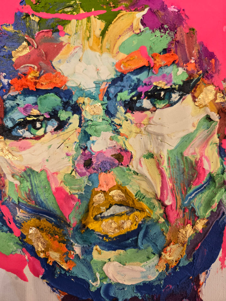 front facing portrait of woman with pink splattered paint hair and skin made of green red blue yellow purple and pink in impasto thick acrylic with details of gold foil and gestural marks of color at bottom of canvas on white background