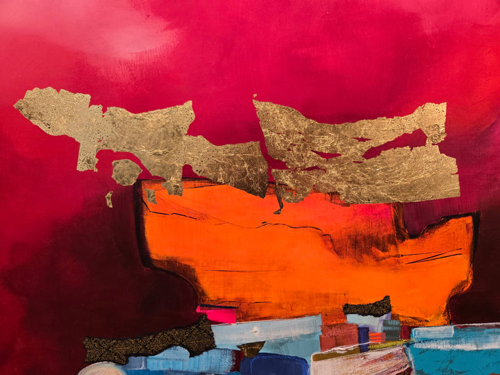 48" x 48" painting by Lau Blou, collaged pieces of torn and hand cut paper and fabrics with patterns and gold foil building up to triangular shape in middle of canvas on pink background with white on the bottom half