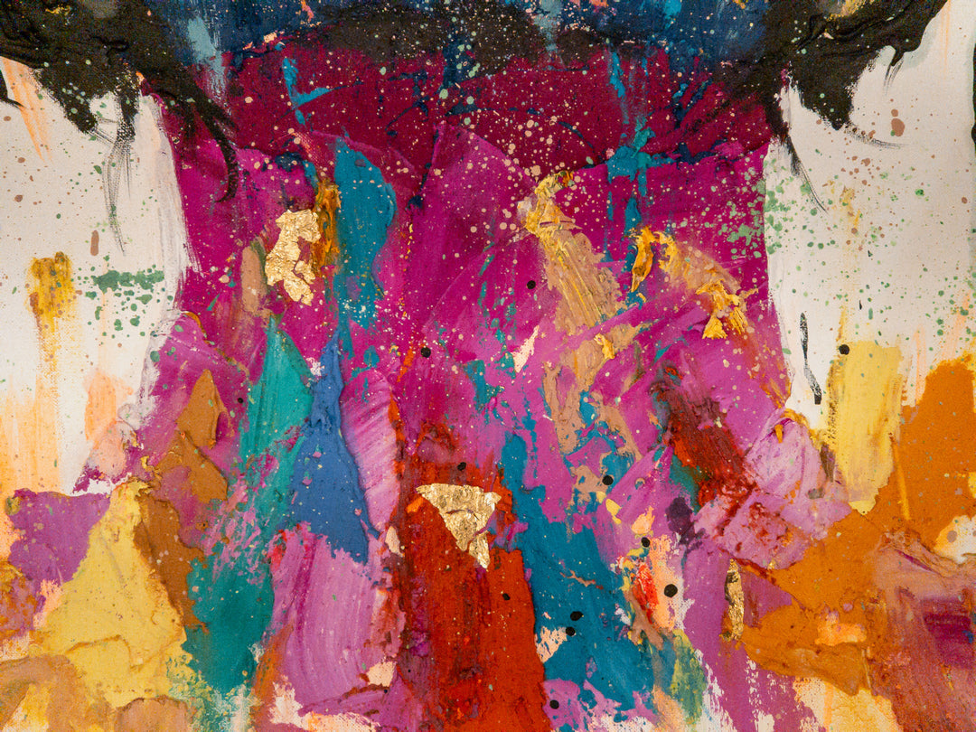 straight on portrait womans head looking up with green eyes multicolored face painted thick and abstract with black splatter hair and gold foil