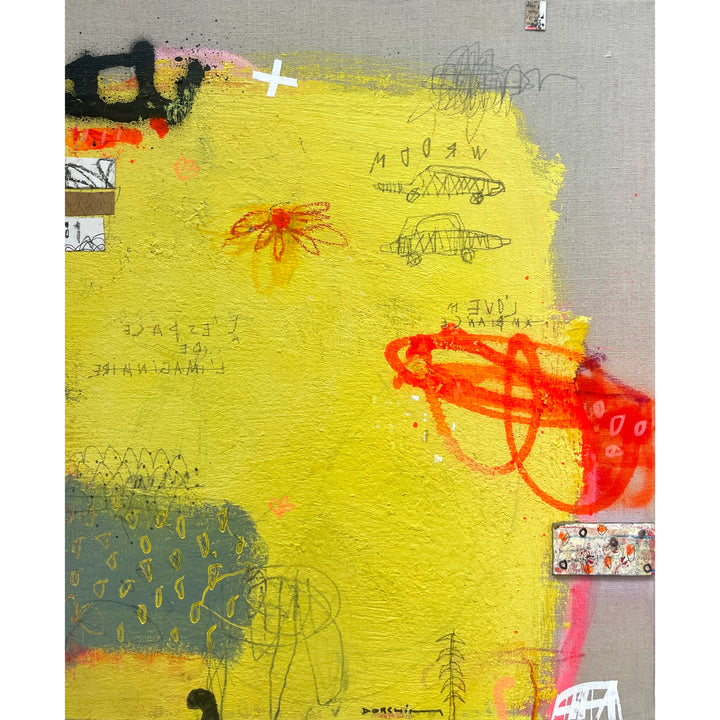 yellow gestural painting on raw linen canvas with green and orange details graphite doodle drawings 