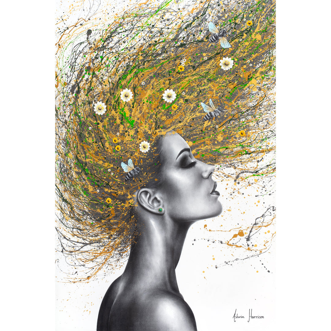 black and white profile womans face and head flipping golden hair back with splatters of green and small daisy flowers and bees in hair on white background