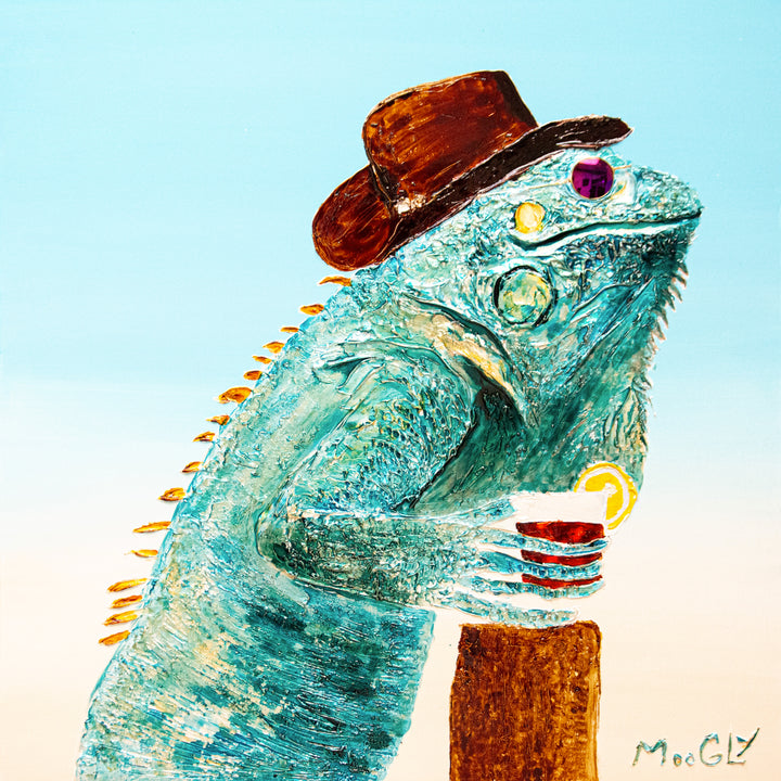 30” x 30” painting by French artist Moogly of a blueish-green iguana in sunglasses and a cowboy hat, holding a cocktail with a light blue background. The iguana is made out of resin, giving it a textured and shiny finish. The sunglasses are real round, reflective sunglasses that the artist has adhered to the canvas.