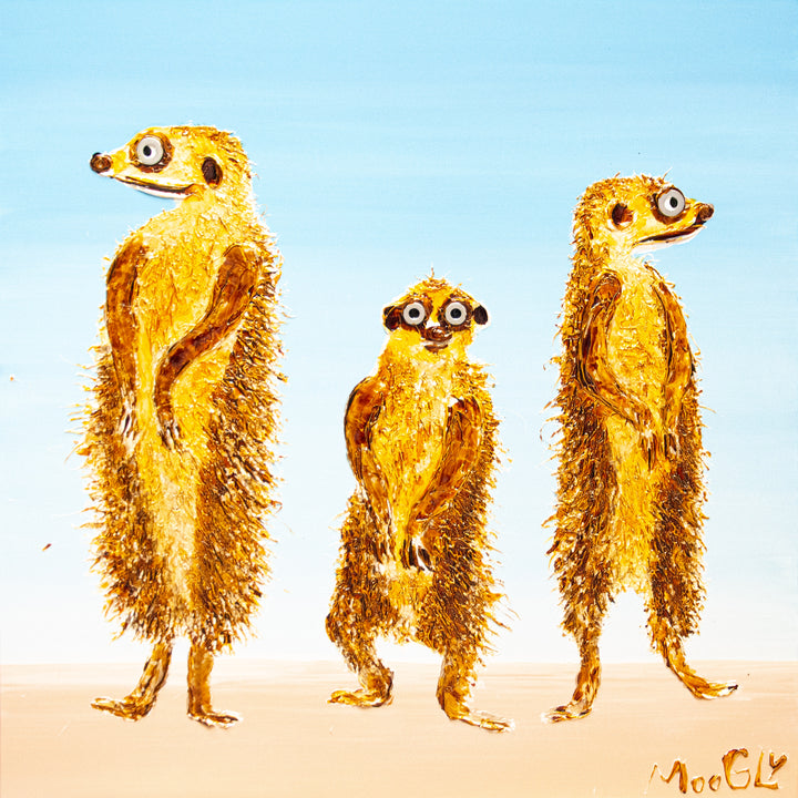 30” x 30” painting by French artist Moogly of three goldish-brown merecats. The two merecats on the sides look left and right while the smallest one in the middle looks straightforward with a light blue background. The merecats are made out of resin, giving them a textured and shiny finish. Their eyes are made out of washers that the artist has adhered to the canvas.