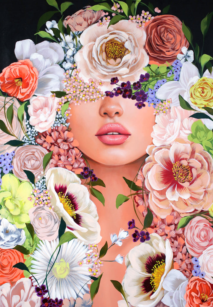 37"W x 50"H Acrylic portrait on canvas. Woman with the upper half of her face covered by colorful flowers that extend to the foreground. 