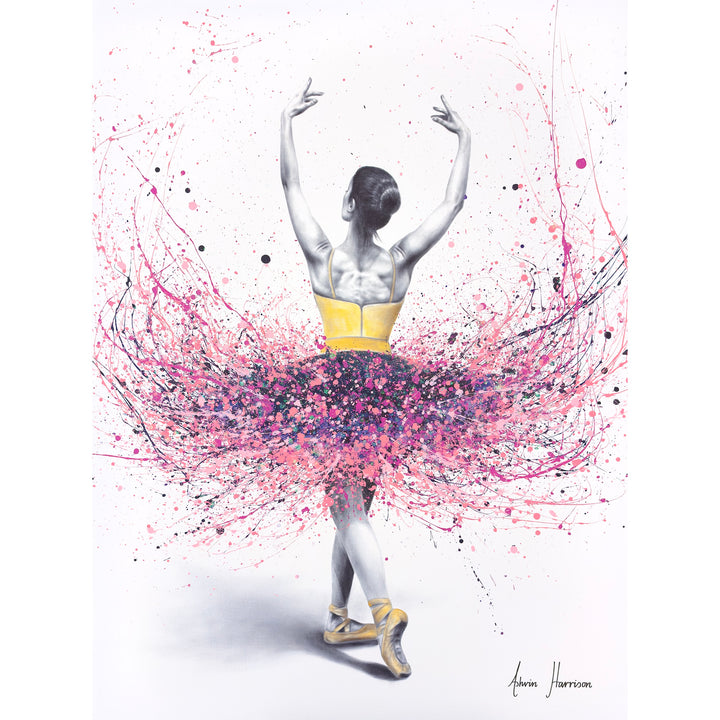 turning ballerina woman female figure in black and white wearing paint splatter acrylic tutu in pink and purlpe on white background