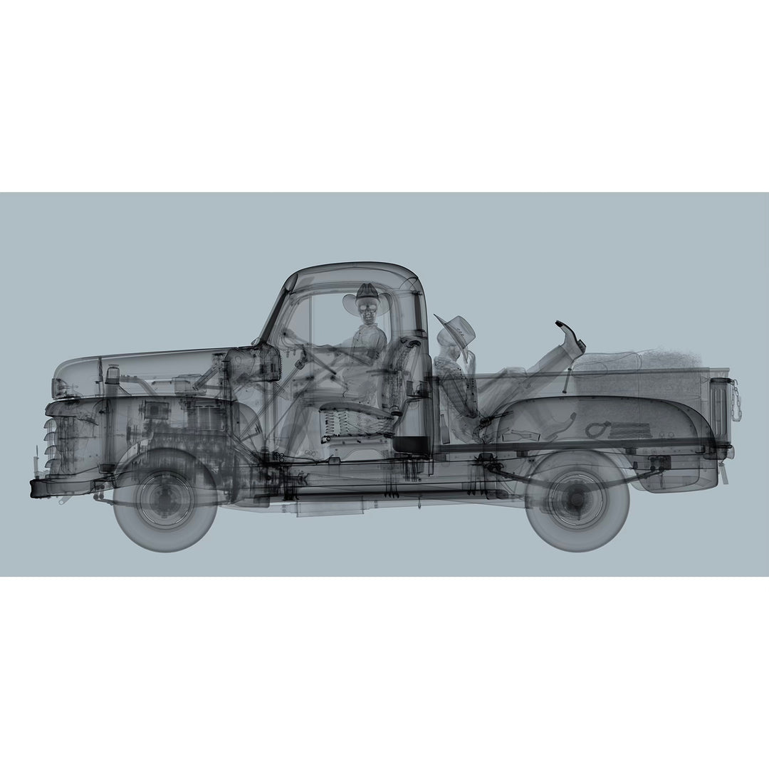 x ray skeleton cowboys in pickup truck interior gears photography in grey and black