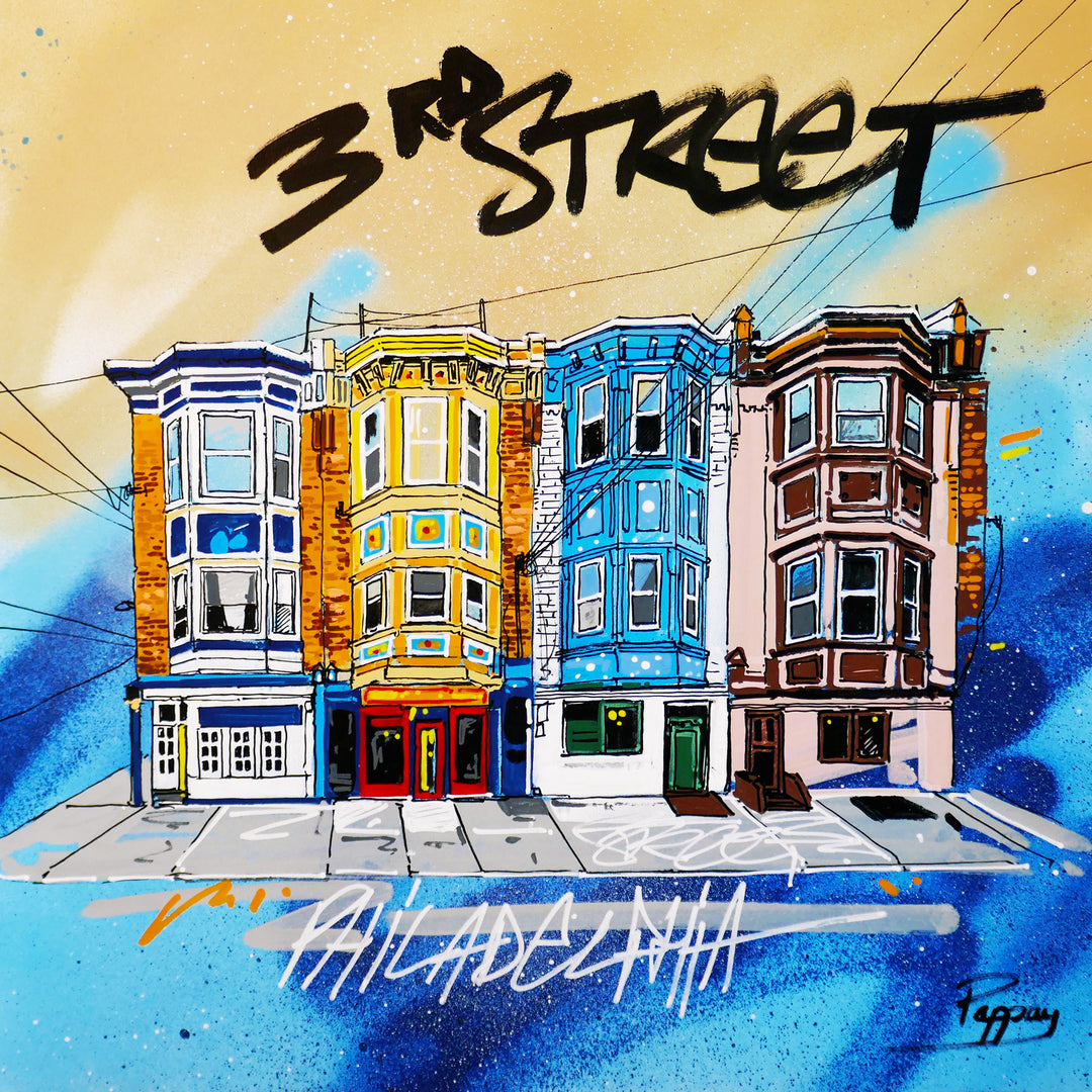 row home illustration storefronts on 3rd street graphic and colorful on blue and yellow background