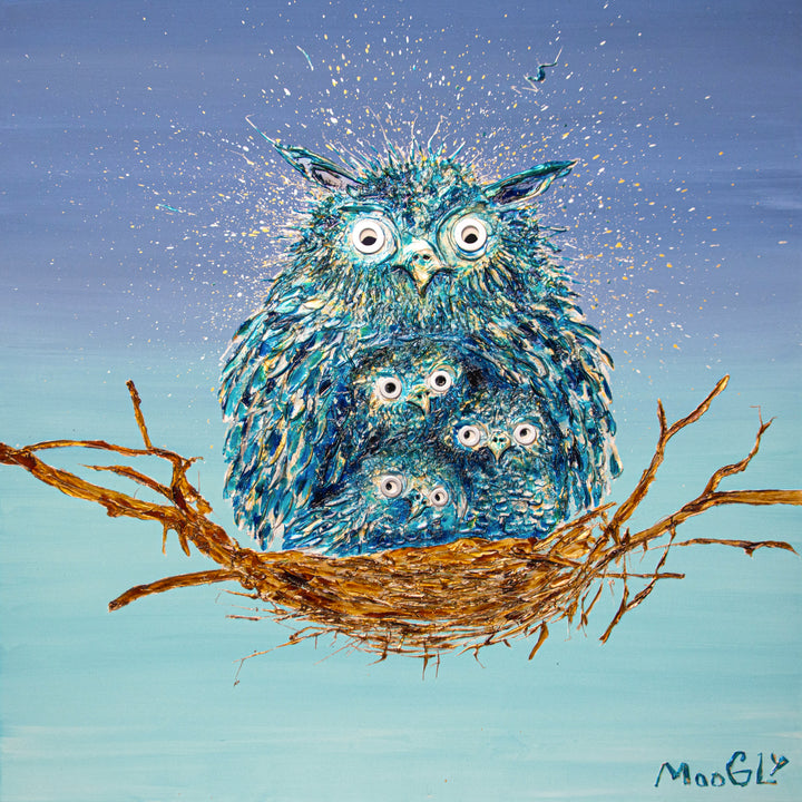 40" x 40" acrylic on canvas painting of a family of blue birds in a nest over a light to dark blue gradient background. 