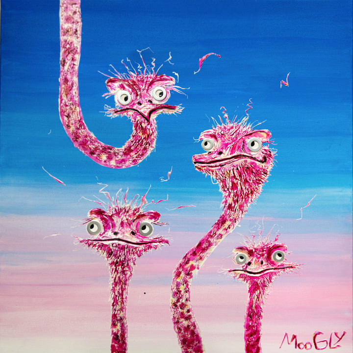 40" x 40" acrylic on canvas painting of a family of pink flamingos over a blue-pink gradient background. Washers used as eyes. 