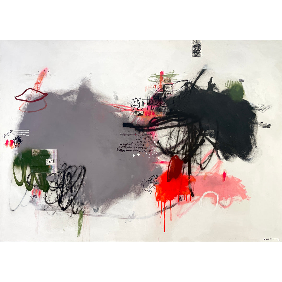grey purple, black, and pinkish red spotches of paint on white background, expressionist sketches and doodles with writing and collaged found objects