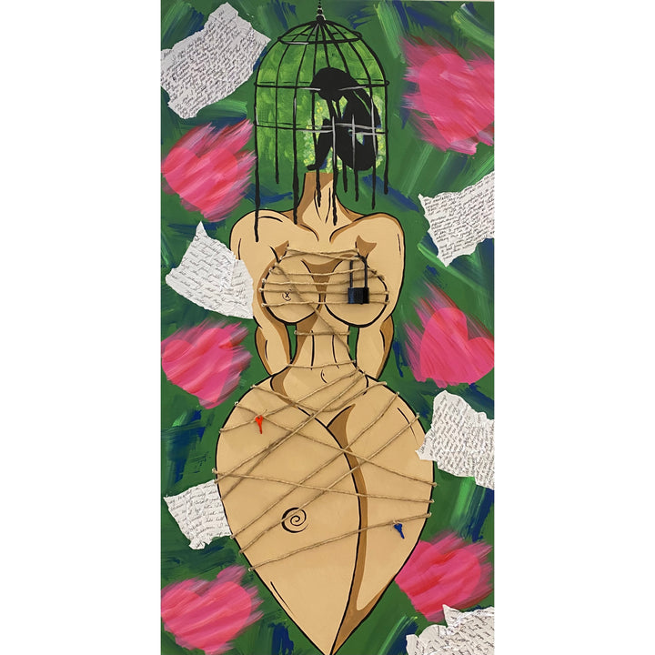 graphic rendition of naked headless womans body, rope covering nudity and locks with key. love letters and pink and green in background. Birdcage in place of head on body with figure inside
