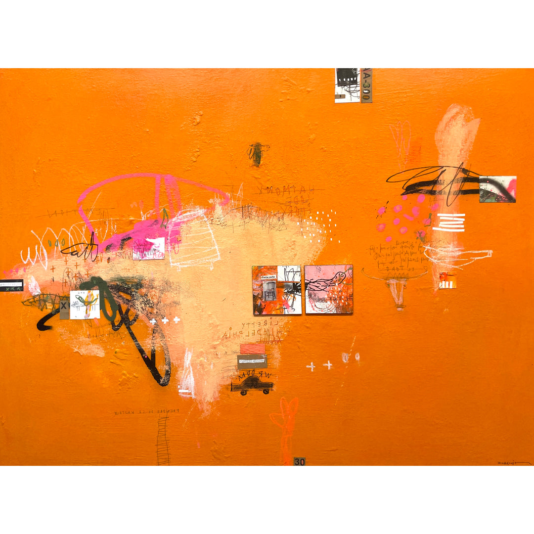 orange background textured painting with abstract expressionist doodles and splotches of light orange and pink marker graphite text writing