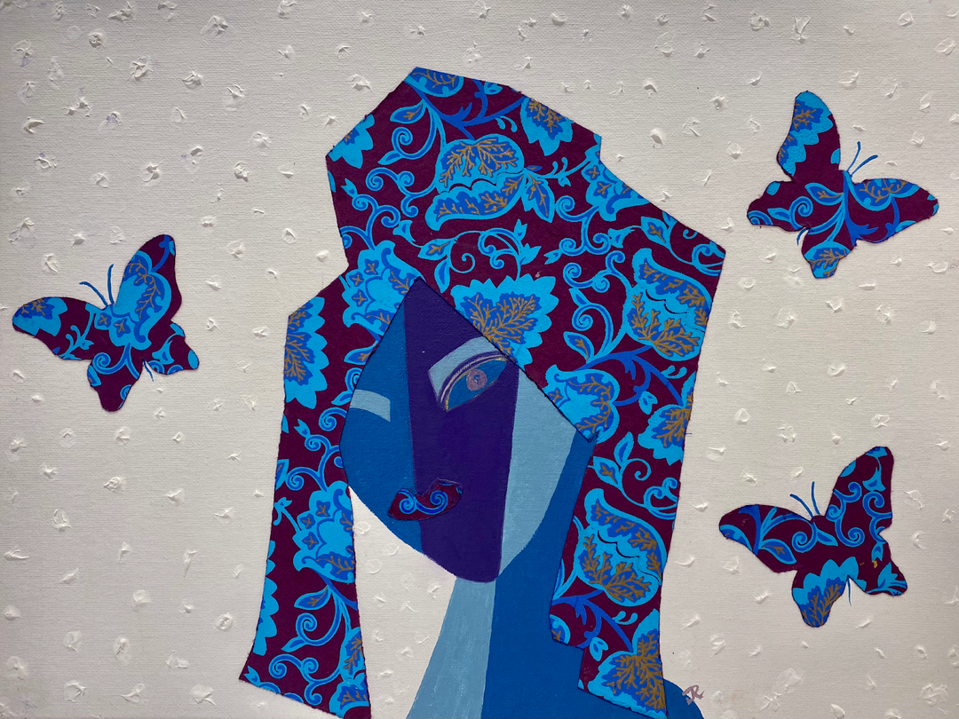 collage abstract mixed media blue butterfly