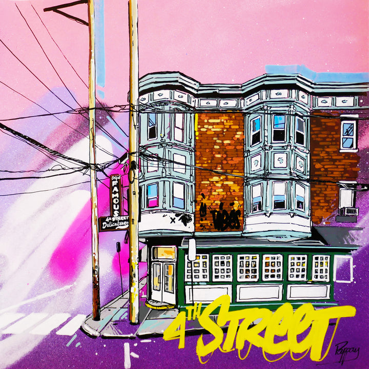 graphic colorful bright illustration corner deli 4th street with wires and telephone poles on pink purple background