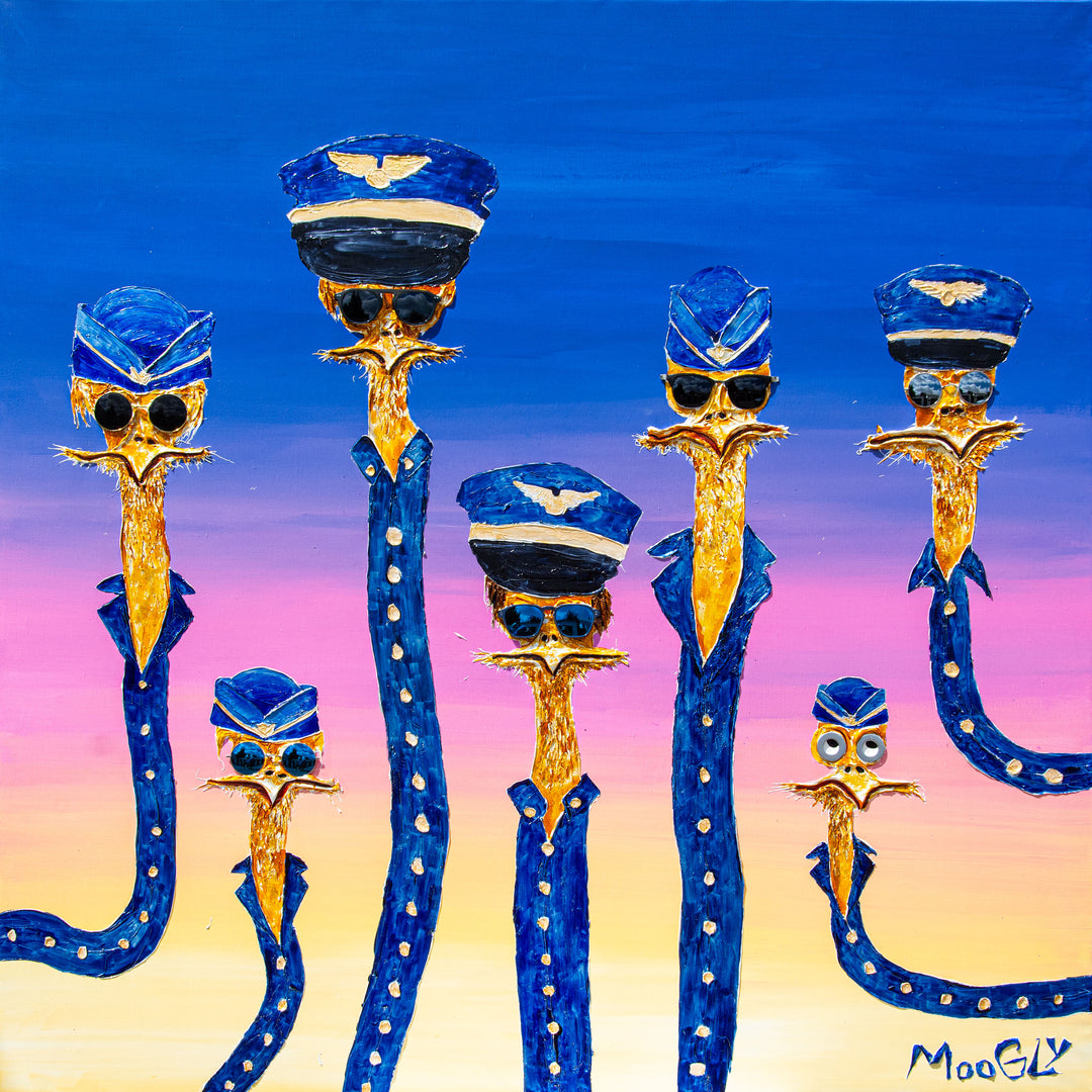 60" x 60" acrylic on canvas painting of yellow birds in blue uniforms and hats with glasses over a blue-pink-yellow gradient background. 