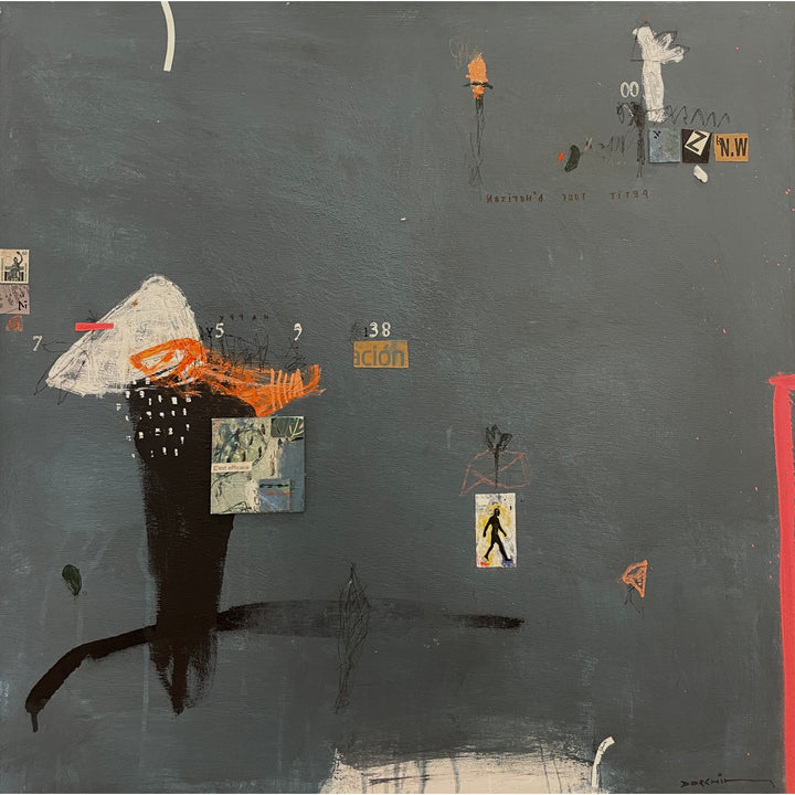 dark grey blue background with marks of abstract paint in black white and orange and small cut out squares of collage paper