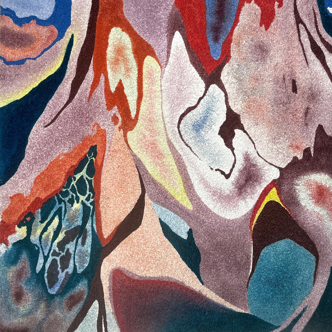 abstract representation of bottom of tree trunk roots in various colors red orange green blue brown orange, fluid organic shapes and texture