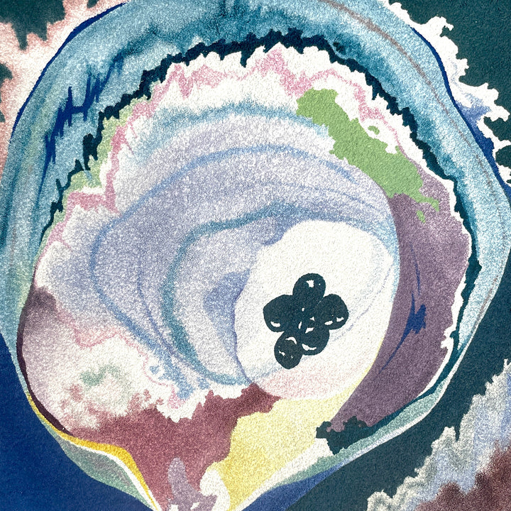 blues purples and greens painted abstractly organic and fluid to create mussel and pearl 