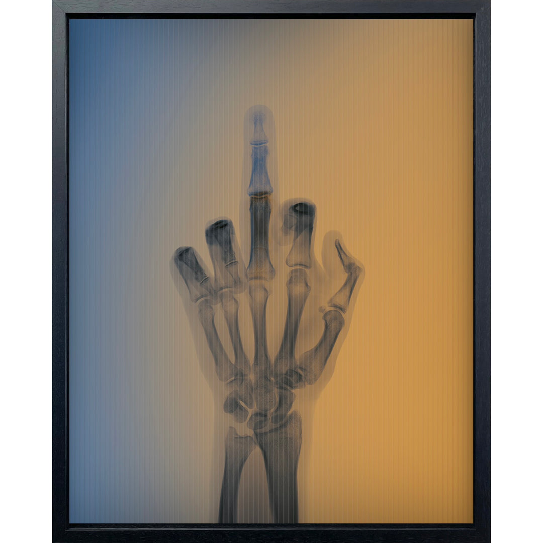 x ray photography skeletal hand putting up and down middle finger while background changes colors gradient from gold yellow orange to dark blue