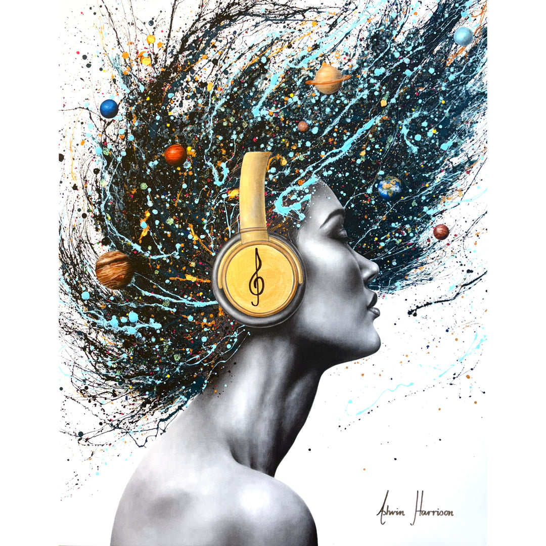 realistic woman flipping hair with headphones musical splatter expressionist painting portrait black and white planets blue on white background