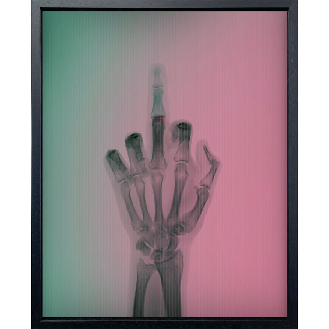x ray photograph hand with middle finger going up and down as background color changes from teal 
blue to pink
