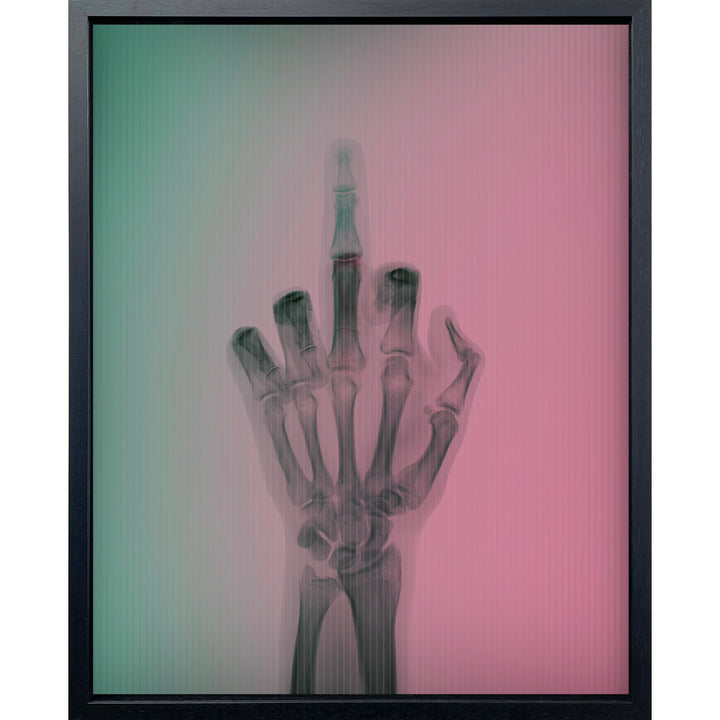 x ray photograph hand with middle finger going up and down as background color changes from teal 
blue to pink
