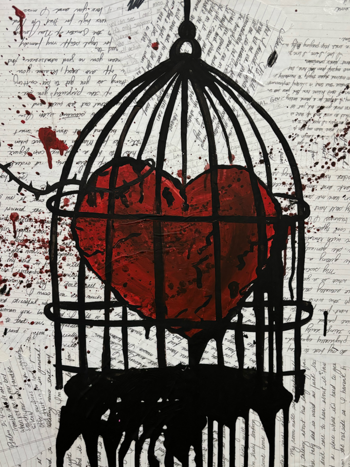 mixed media prison heart chain cage love letter 