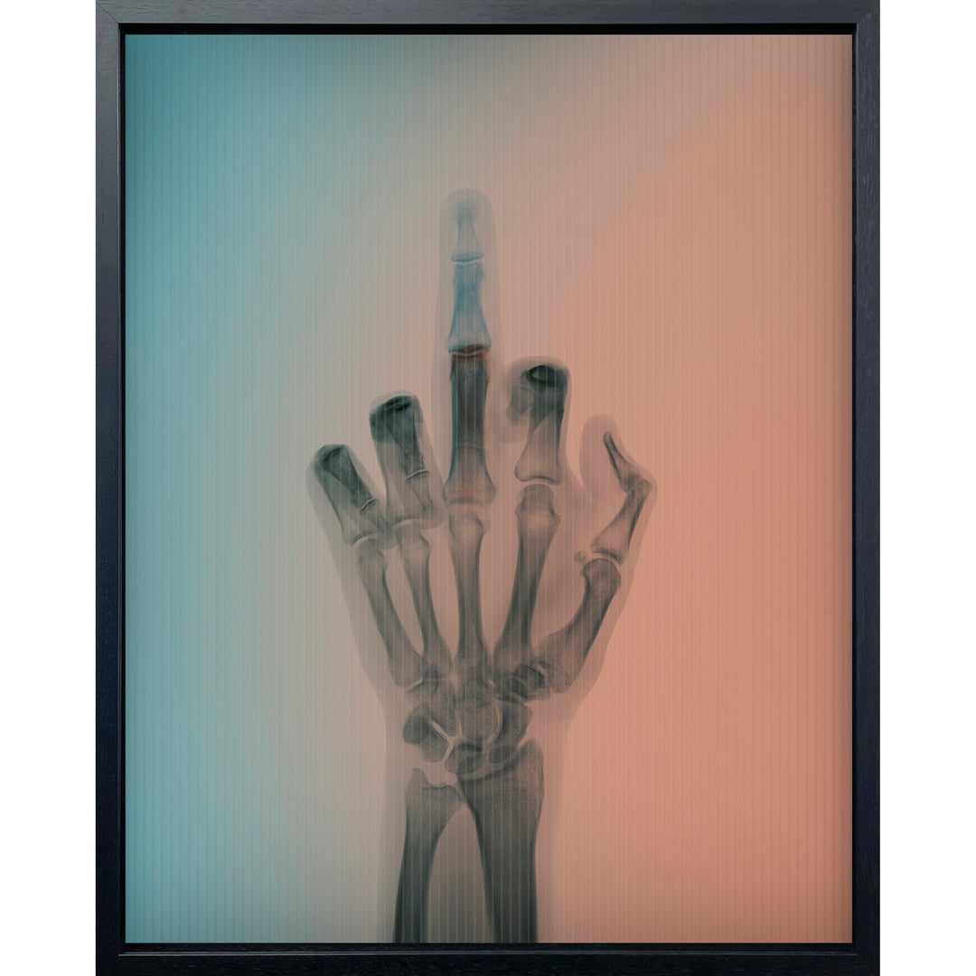x ray hand with middle finger up and down as background color changes from blue to pink red
