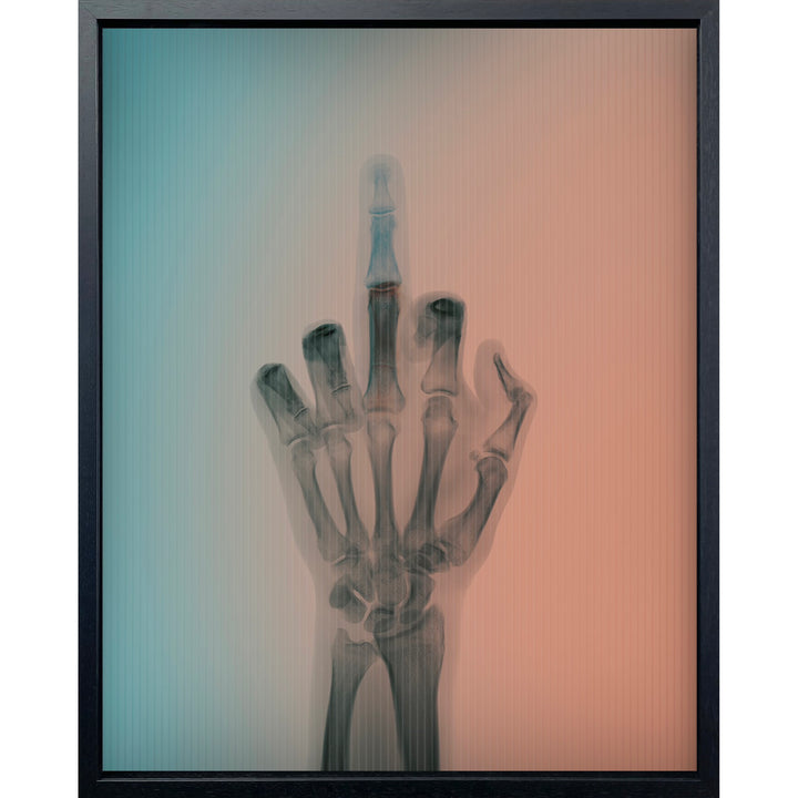 x ray hand with middle finger up and down as background color changes from blue to pink red