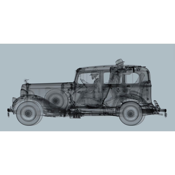 xray photography skeleton car interior and men with guns on 1930s car pontiac in black and grey