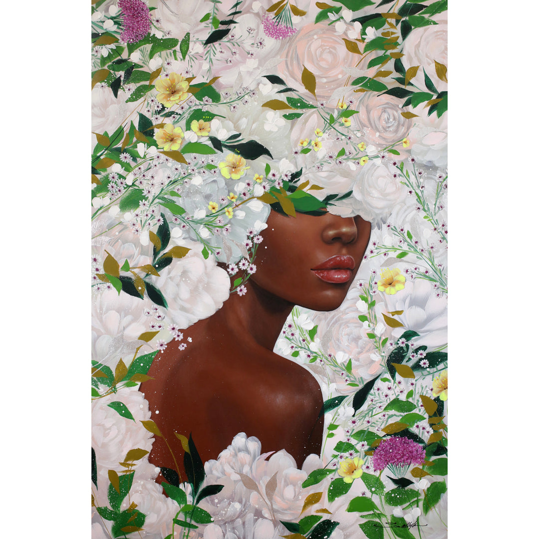 36"W x 56"H Acrylic portrait on canvas. Woman looking over her shoulder with her eyes and hair covered with white flowers and vines. 