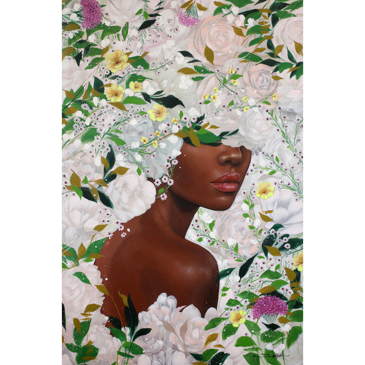 36"W x 56"H Acrylic portrait on canvas. Woman looking over her shoulder with her eyes and hair covered with white flowers and vines. 