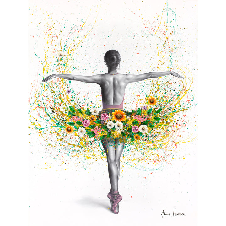 ballerina woman dancer back facing with tutu of flowers yellow pink and white with green flowers and yellow splattered paint on white background