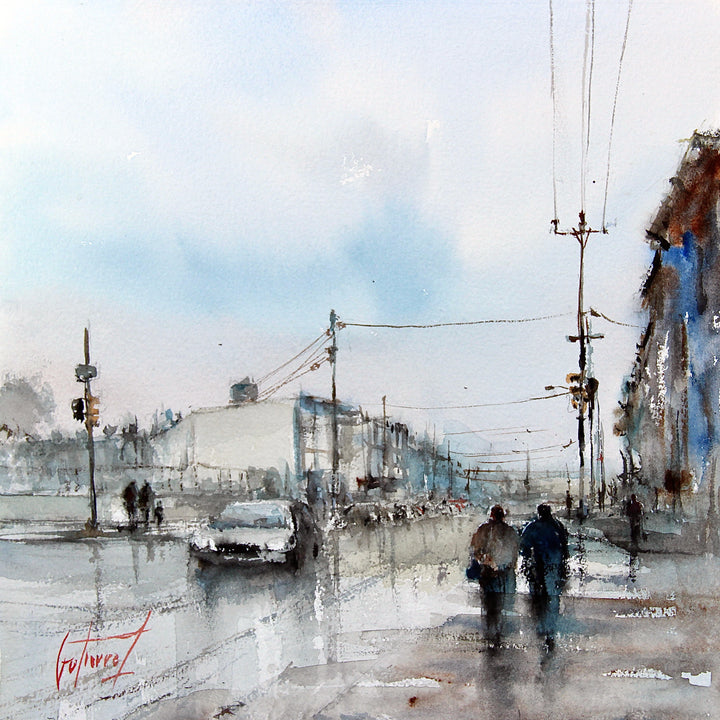 people walking on sidewalk, cars in street and telephone wires in washy watercolor with blues and browns