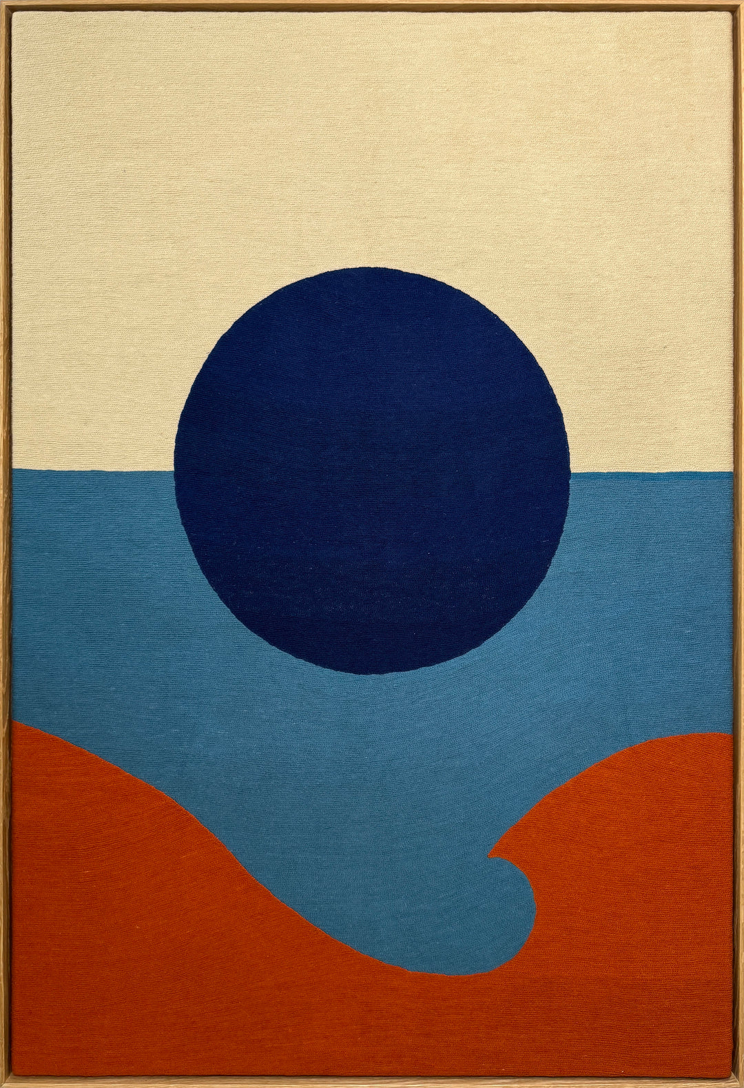 chain stitched embroidery textile fabric framed abstract geometric blue dot split composition negative space white and blue with orange wave in foreground