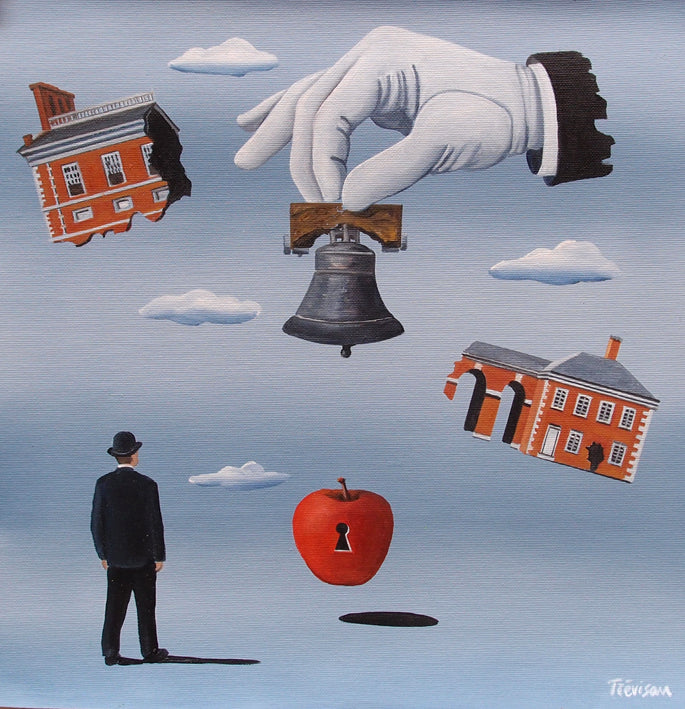 "A Bell for You" by Italian artist Carlo Trevisan — a surrealist oil painting on canvas featuring a giant gloved hand presenting the Liberty Bell above a Magritte-inspired bowler-hatted figure. Floating red brick Philadelphia buildings, a red apple with a keyhole, and drifting clouds complete this richly layered, dreamlike composition celebrating Philadelphia&