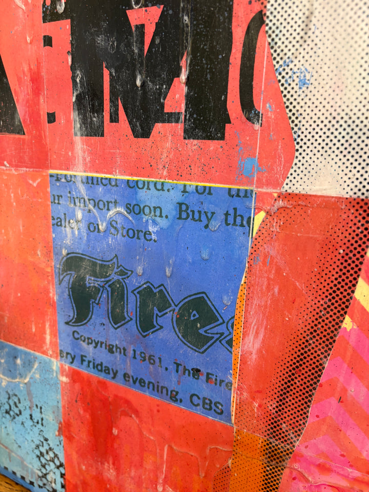 A Certain Standard by Jon Davenport — angled detail of Neo-Pop mixed media painting showing vintage newspaper clipping collage with "Fire" text and distressed halftone texture