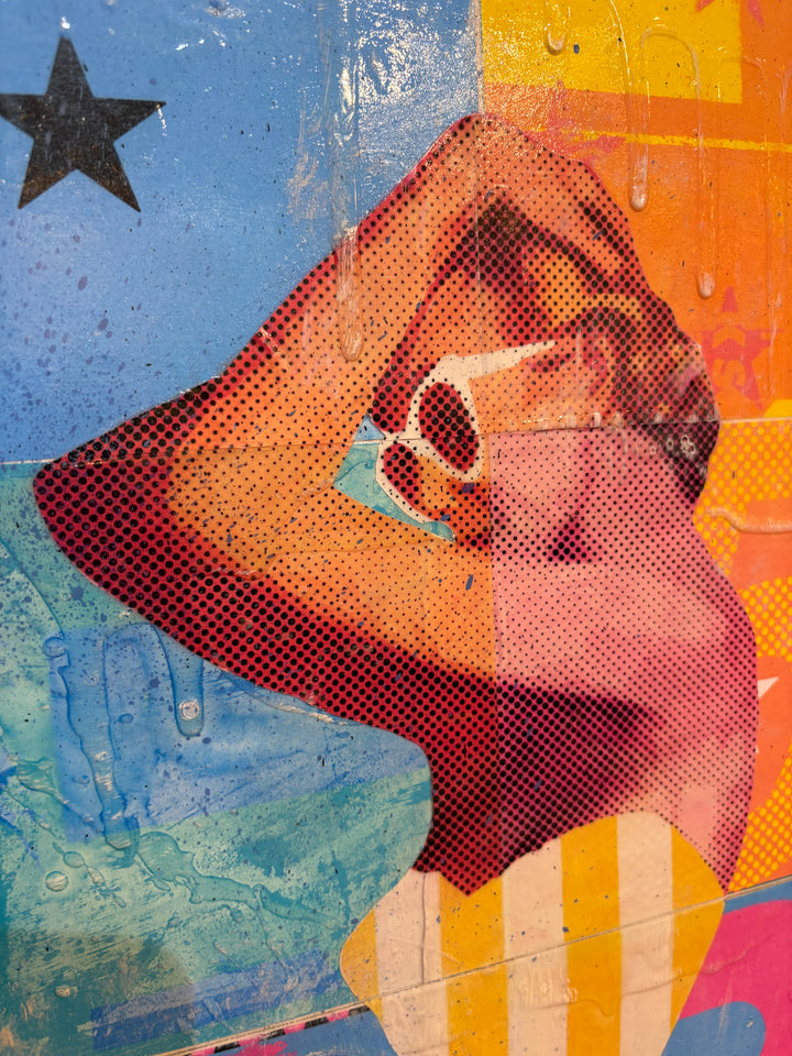 A Certain Standard by Jon Davenport — angled detail of Neo-Pop mixed media painting showing a close-up of a pin-up figure&