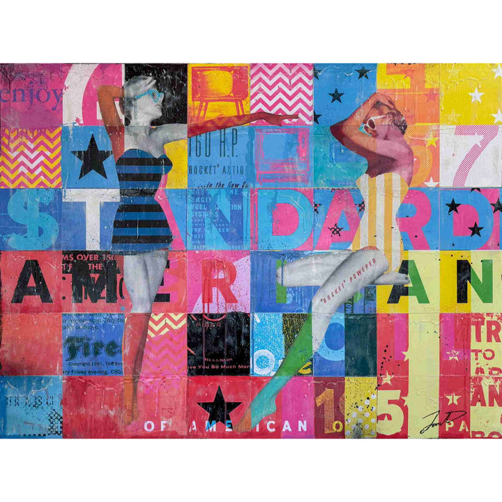 A Certain Standard by Jon Davenport — full view of Neo-Pop mixed media painting, 36"H x 48"W, featuring a retro pin-up figure over a colorful grid collage with "Standard" and "American" typography, stars and chevron patterns