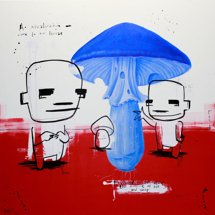 two figures drawn in ink standing beneath photorealistic blue mushroom with doodles and text, satire on red ground and white background