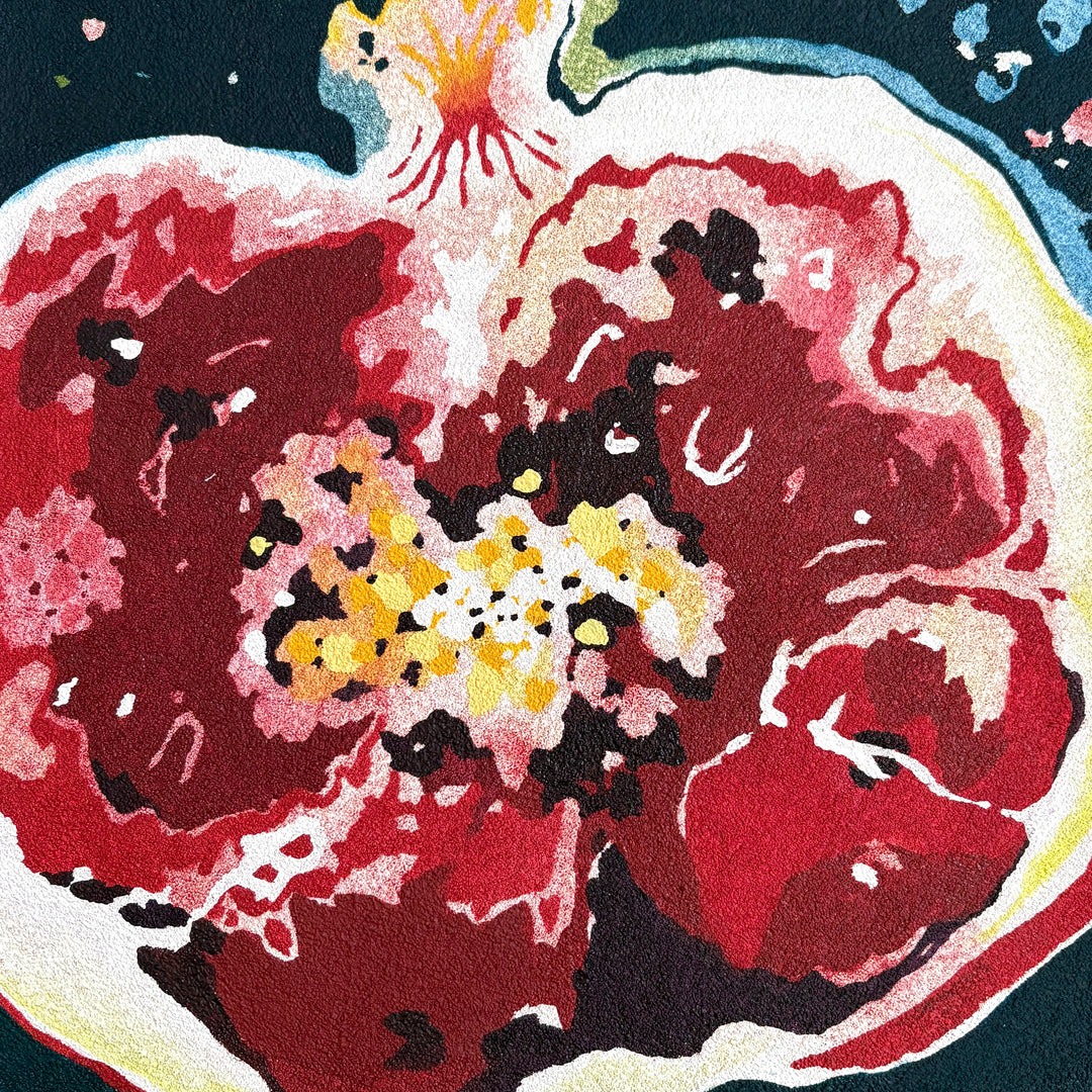 pomegranate fig fruit insides red pulp cut in half abstract line weight negative space and gradient of colors 