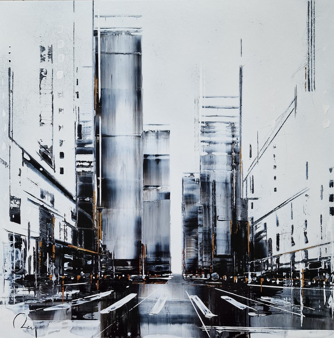 "After the Rain" by French artist Julien Rey — a mixed-media painting on board of a rain-soaked urban canyon, crafted with Chinese lacquer and gold leaf. Towering skyscrapers in bold black, white, and silver lacquer flank a glistening wet street, its reflective surface mirroring the luminous buildings above. Sparse gold leaf accents punctuate the dramatic monochromatic composition. Original contemporary urban cityscape painting on board available at Morton Contemporary gallery.