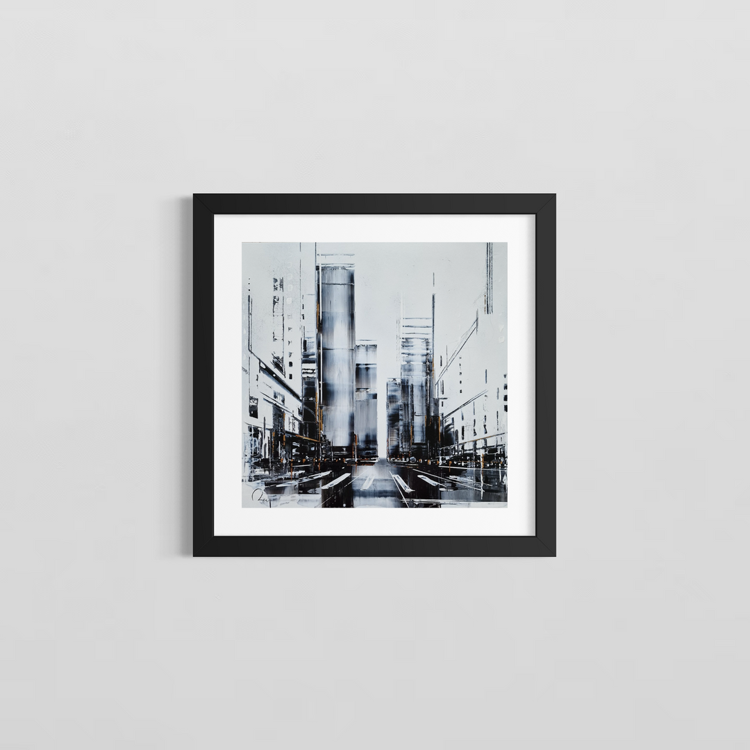 "After the Rain" by French artist Julien Rey — a mixed-media painting on board of a rain-soaked urban canyon, crafted with Chinese lacquer and gold leaf. Towering skyscrapers in bold black, white, and silver lacquer flank a glistening wet street, its reflective surface mirroring the luminous buildings above. Sparse gold leaf accents punctuate the dramatic monochromatic composition. Original contemporary urban cityscape painting on board available at Morton Contemporary gallery.