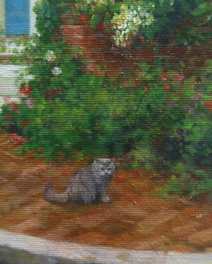 brick row homes with greenery on front lawn and windows cat on corner outdoor building landscape realism oil painting